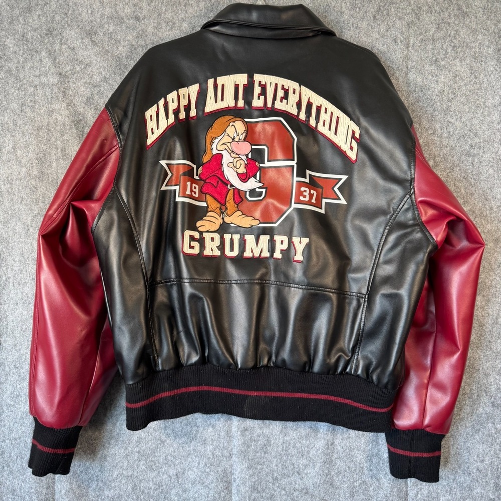 90s Disney Grumpy Varsity Bomber Faux Embroidered Leather Jacket Coat Mens XL